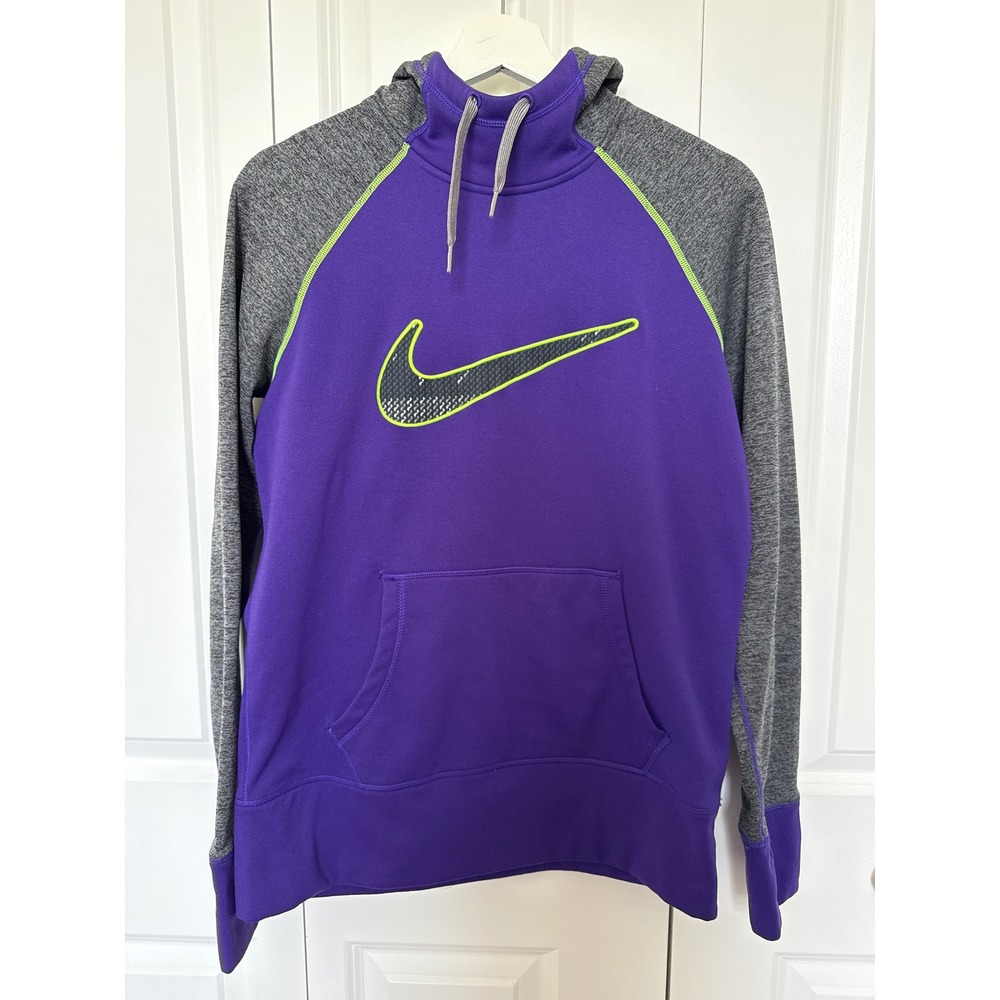 Nike Mens Therma-FIT Hoodie Purple Grey Neon‎ Lime Swoosh Pullover Medium